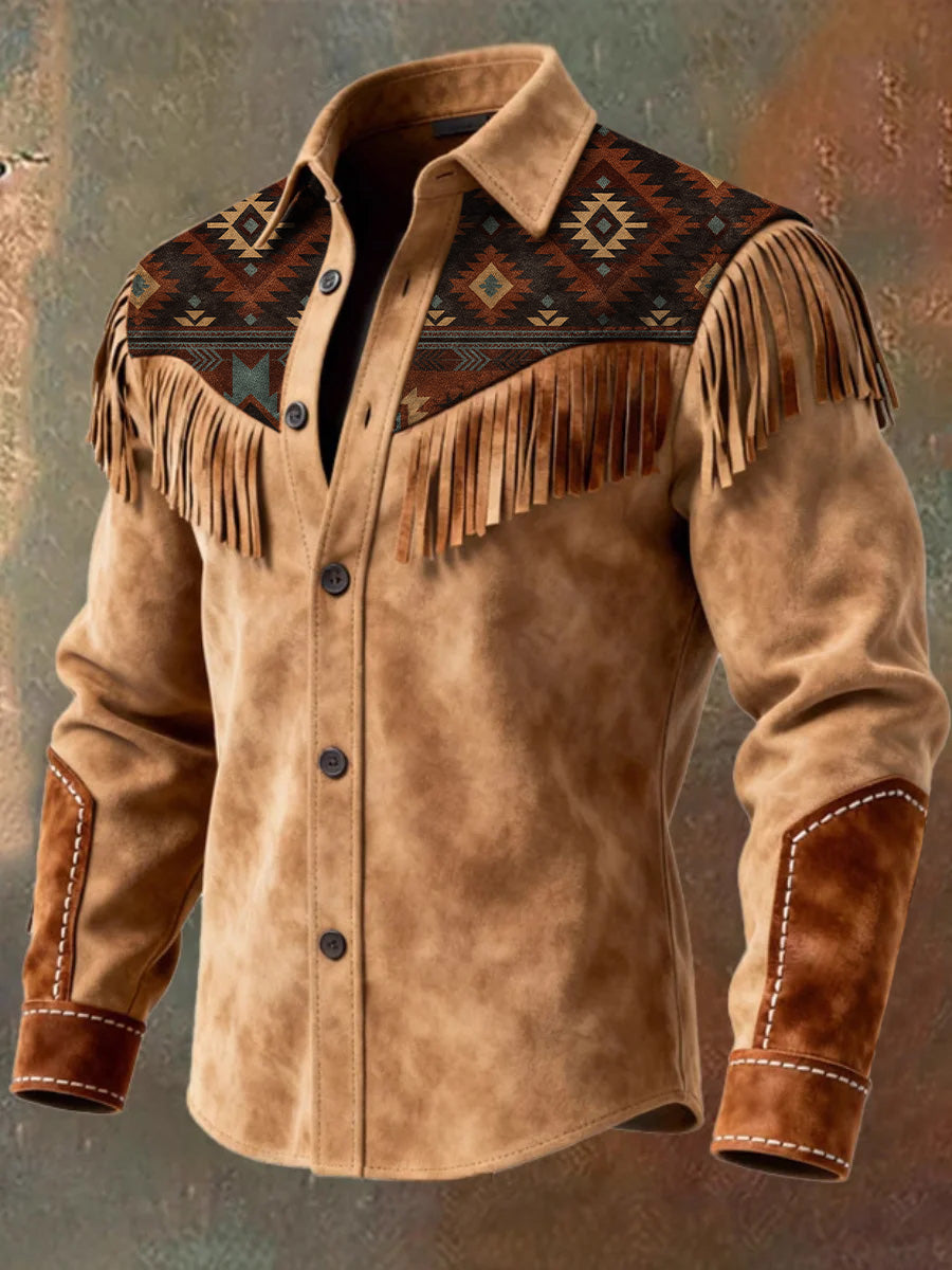 Men's Retro Western Style Art Print Vintage Tassel Casual Long Sleeve Shirt